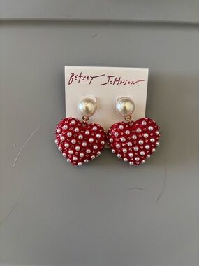 Betsey Johnson Red Heart Pearl Rhinestone Drop Earrings